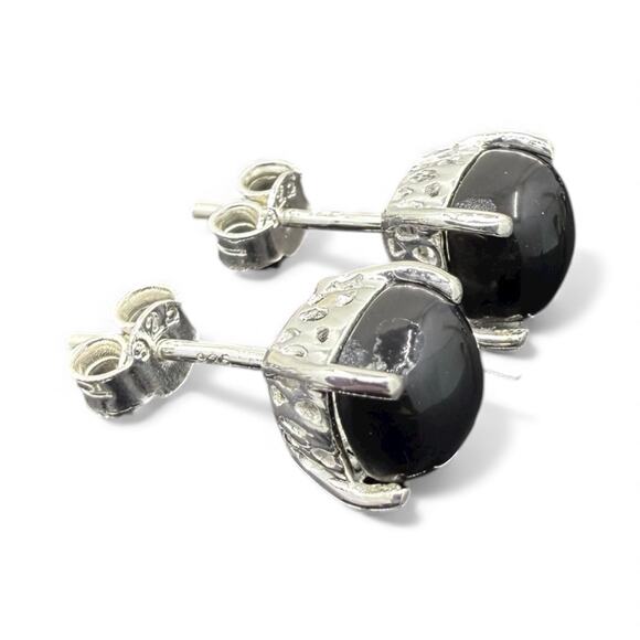 Natural Black Onyx Cabochon Stud Earrings 925 Sterling Silver Handmade - Picture 4 of 4